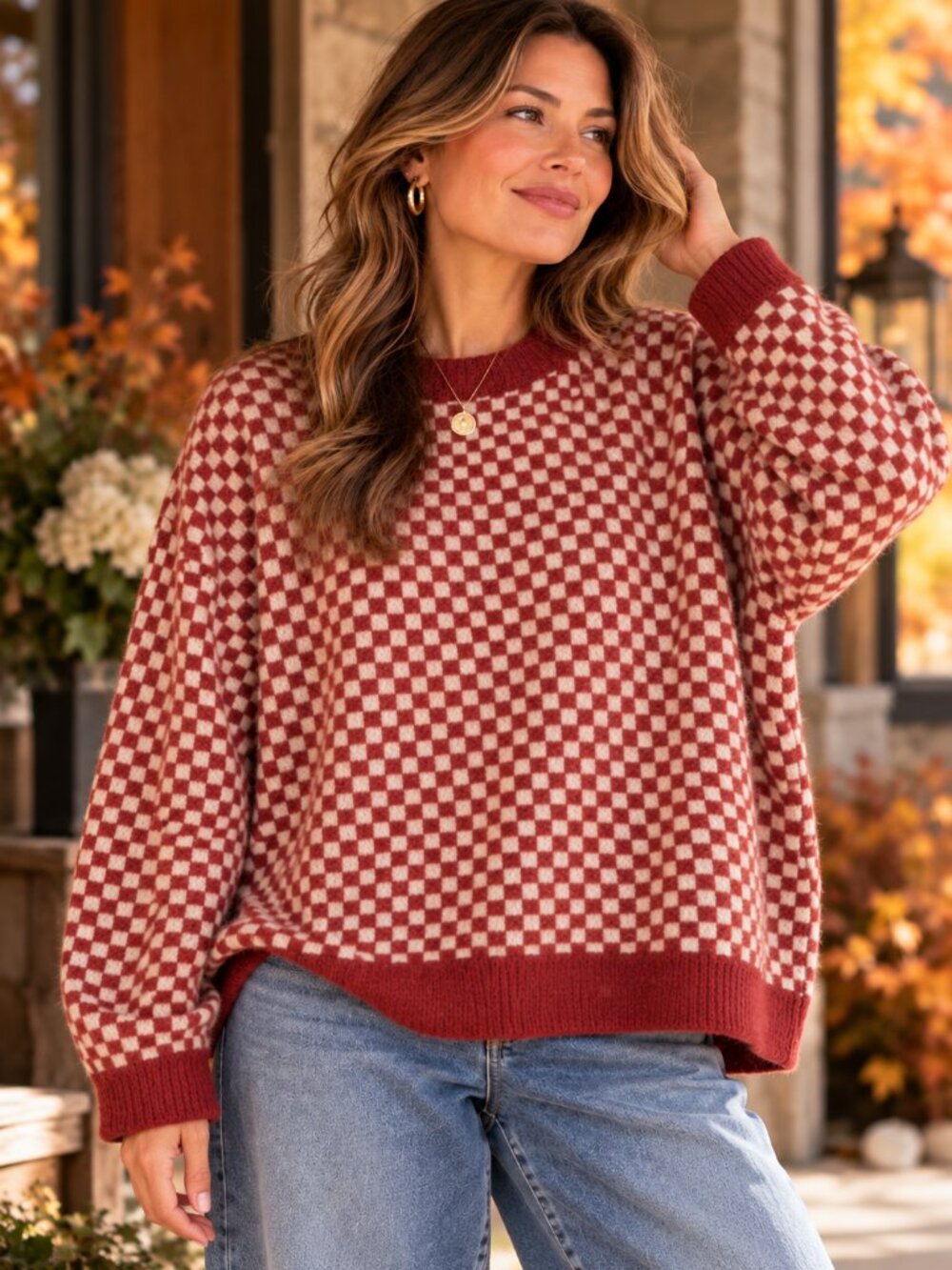 Madewell Alpaca Wool Checkerboard Jacquard Sweater XL Scarlet Boxy Cozy NWOT